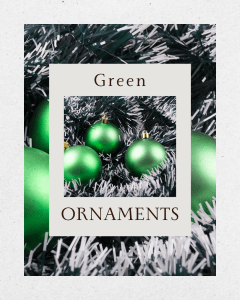 Green Christmas ornaments dazzle on a flocked tree