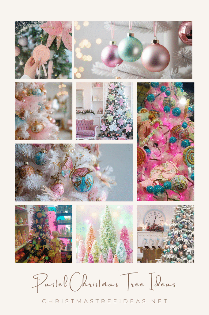 A collage of lots of different pastel christmas trees to give you inspiration to decorate your own pastel themed tree.