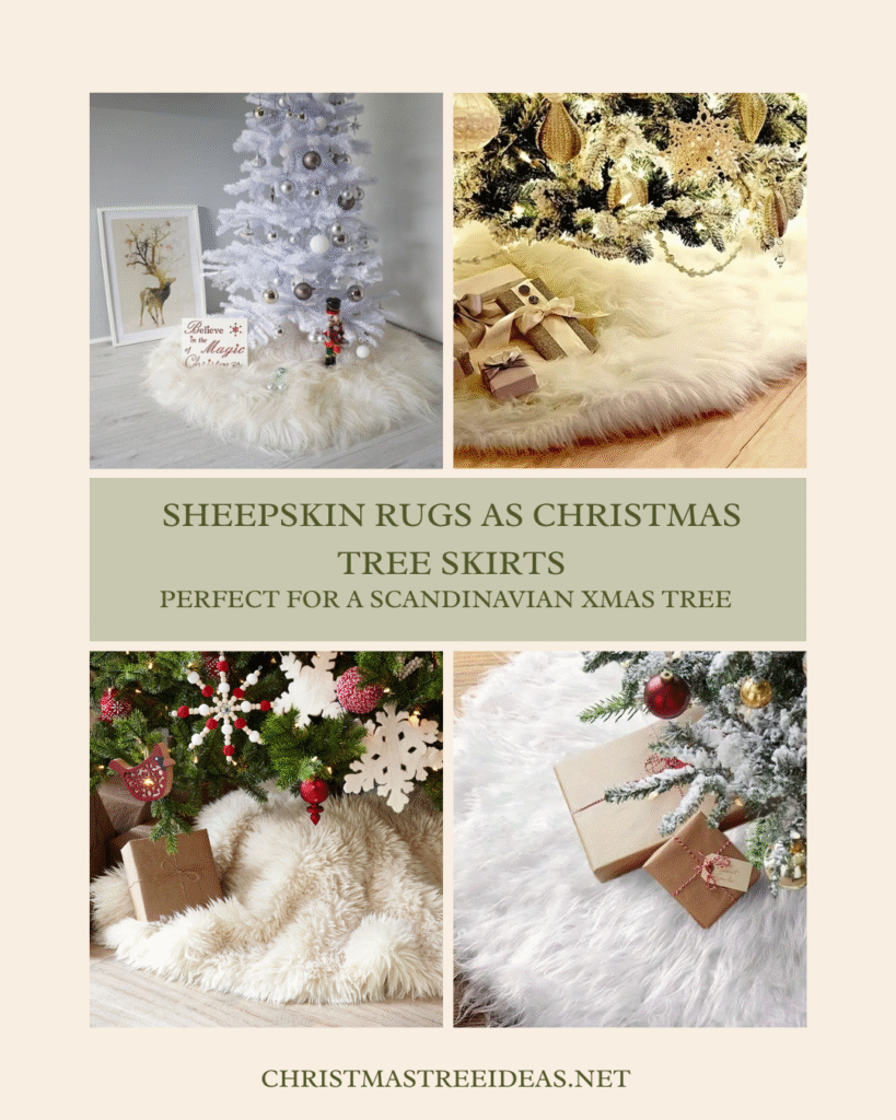 Images of Christmas trees using sheepskin rugs as Christmas tree skirts