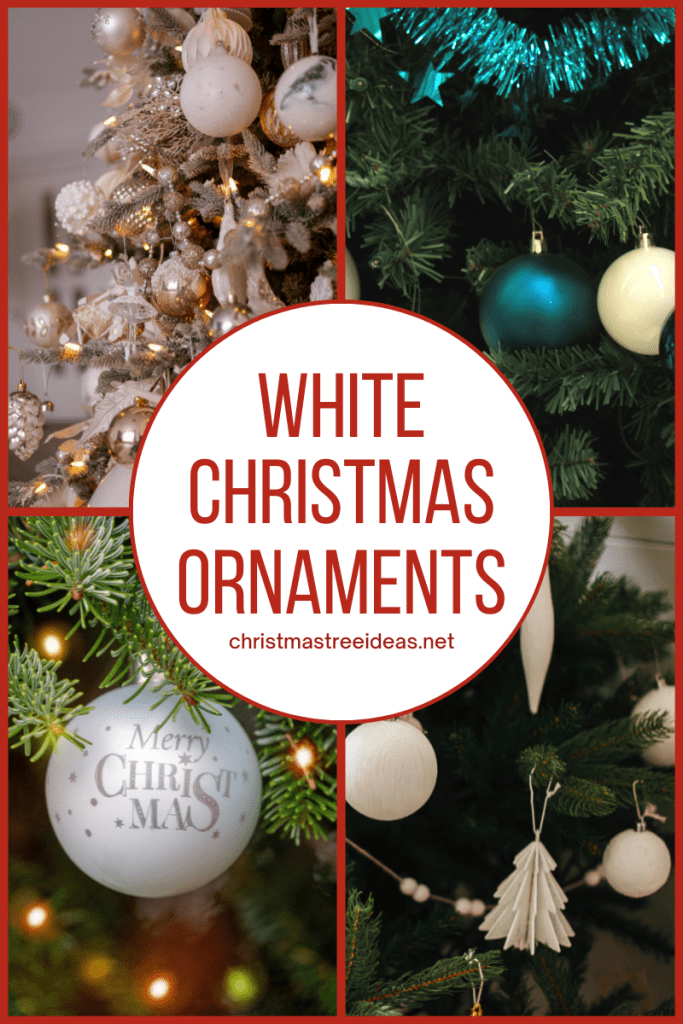 White Christmas Ornaments Several different trees decorated in white Christmas ornaments