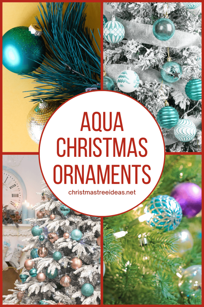 Collection of themed Christmas tree looks featuring aqua Christmas ornaments