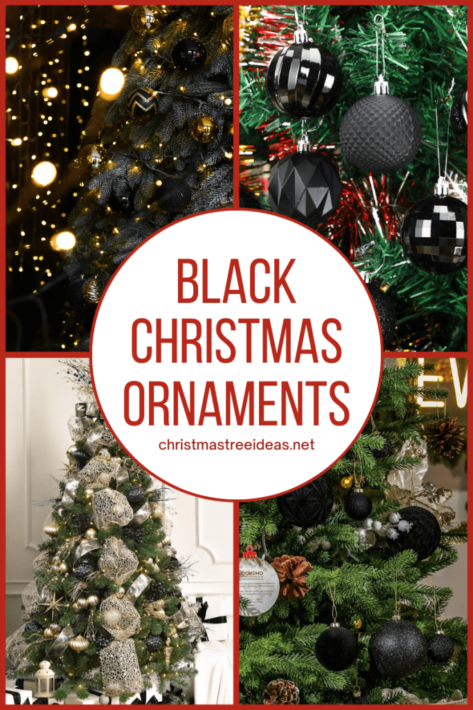 Black Christmas Ornaments for a sophisticated tree Selection of Christmas trees decorated with sleek, elegant black Christmas ornaments for a sophisticated Christmas theme.